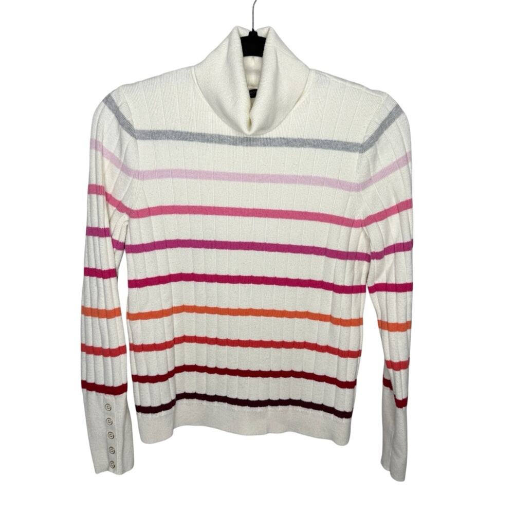 TALBOTS / off white pink red striped ribbed knit turtleneck sweater / L PETITE